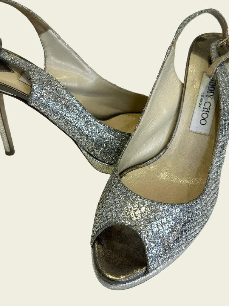 Jimmy Choo Silver Glitter Peep Toe Slingback Heels