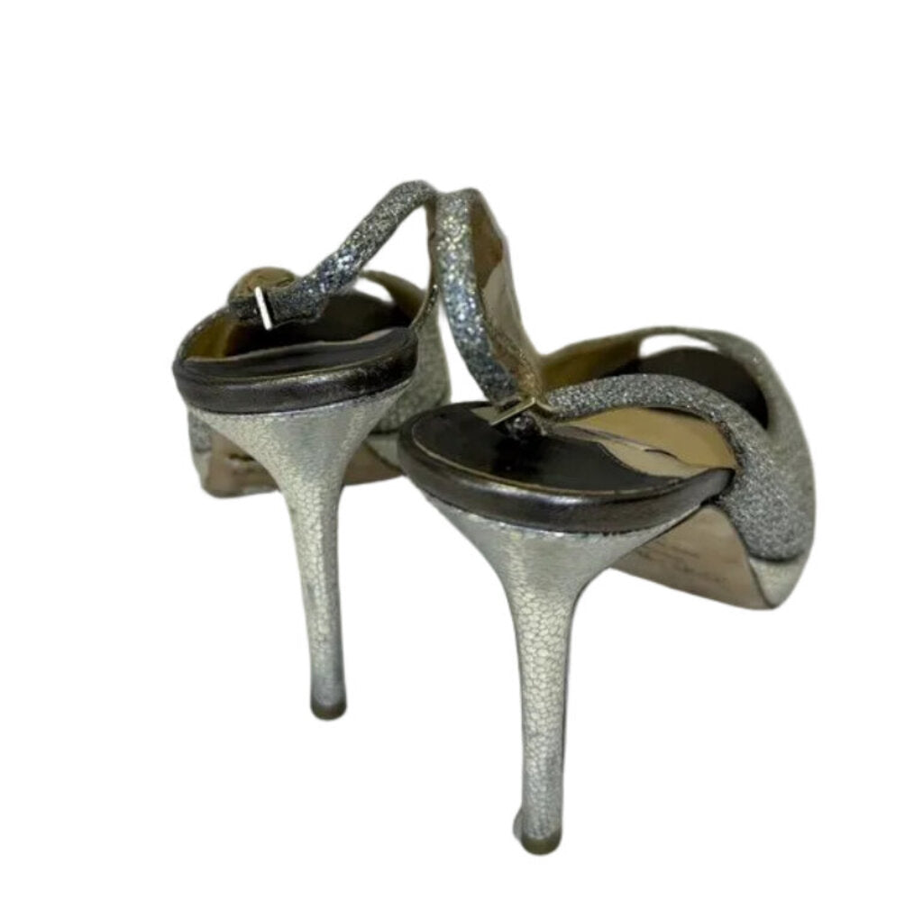 Jimmy Choo Silver Glitter Peep Toe Slingback Heels