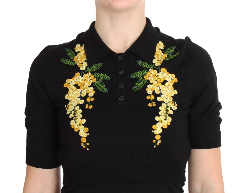 Dolce & Gabbana Black Silk Floral Embroidered Polo Top - PreLoved & Luxe