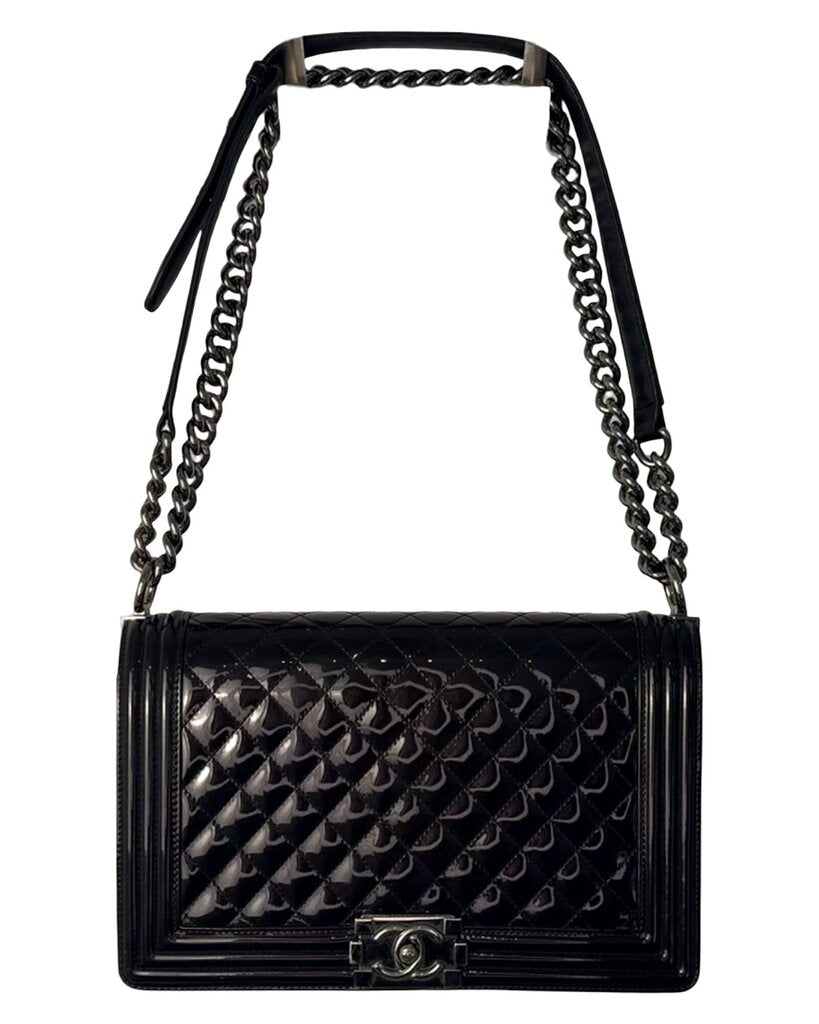 Pre-Owned Chanel Quilted Patent Leather Medium Boy Bag