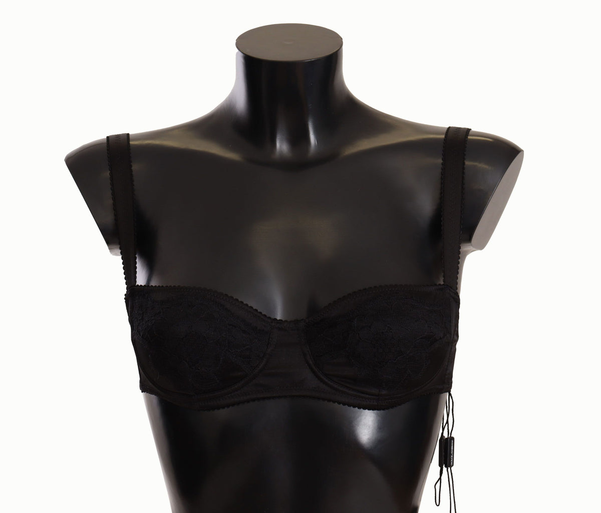 New Dolce & Gabbana Black Polka Dot Satin Lace Balconette Bra