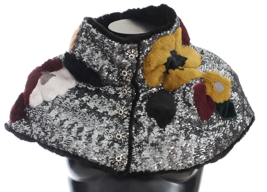 Dolce & Gabbana Silver Sequined Floral Weasel Fur Shoulder Scarf Wrap - PreLoved & Luxe