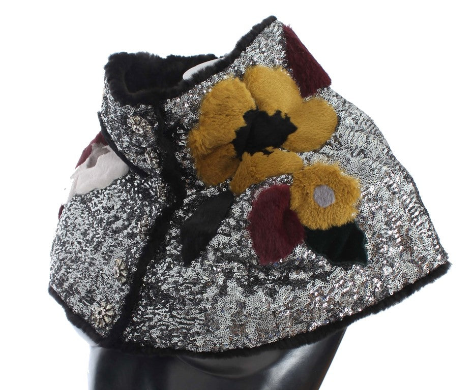 Dolce & Gabbana Silver Sequined Floral Weasel Fur Shoulder Scarf Wrap - PreLoved & Luxe