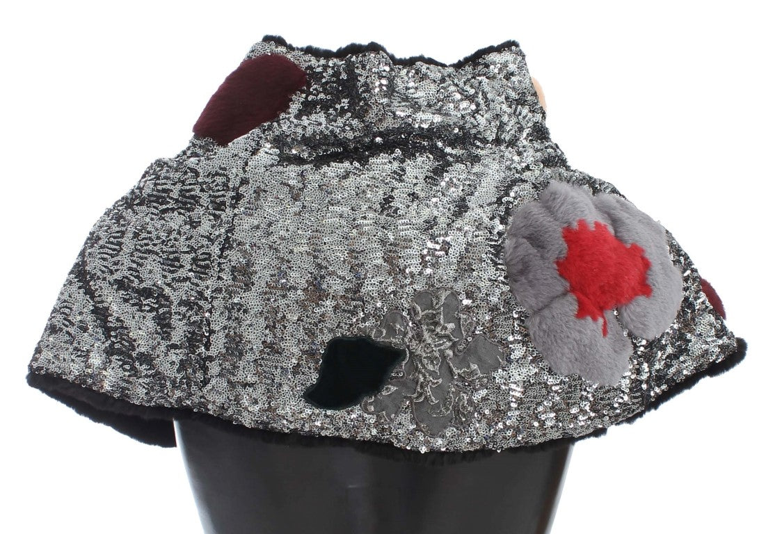 Dolce & Gabbana Silver Sequined Floral Weasel Fur Shoulder Scarf Wrap - PreLoved & Luxe