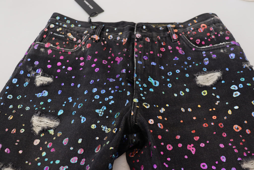 Dolce & Gabbana Black Multicolor Print Tattered Denim Jeans