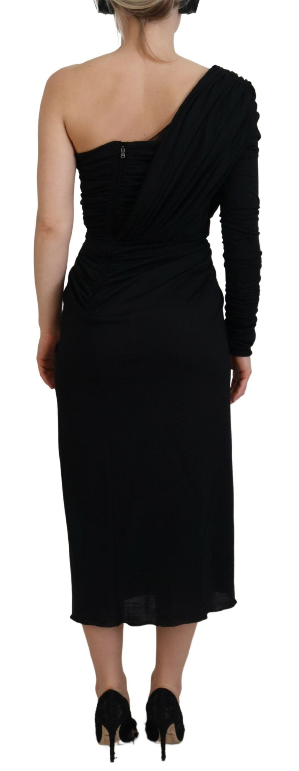 Pre-Owned Dolce & Gabbana Black Wrap Sheath One Shoulder Wool Dress Women's