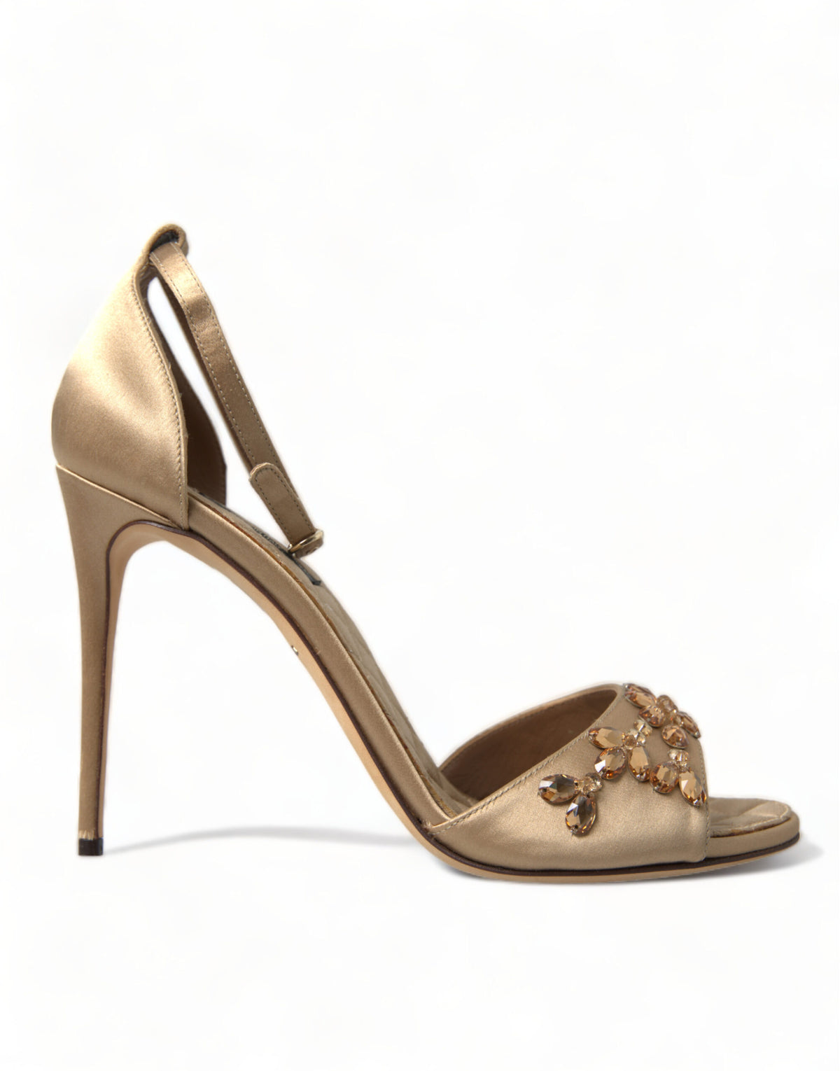 New Dolce & Gabbana Gold Satin Ankle Strap Crystal Sandals Shoes