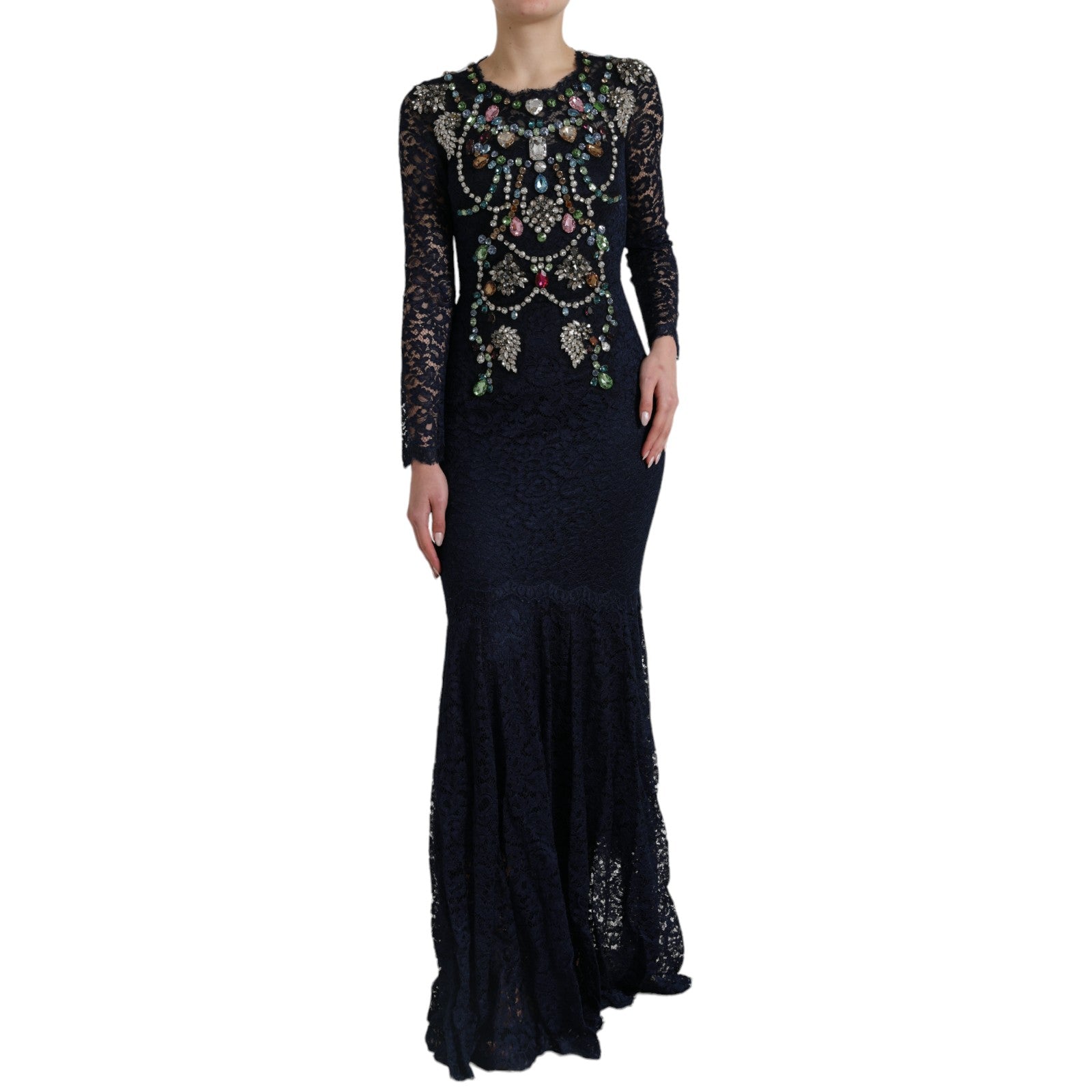 Dolce & Gabbana Blue Crystal Floral Lace Long Gown Dress - PreLoved & Luxe