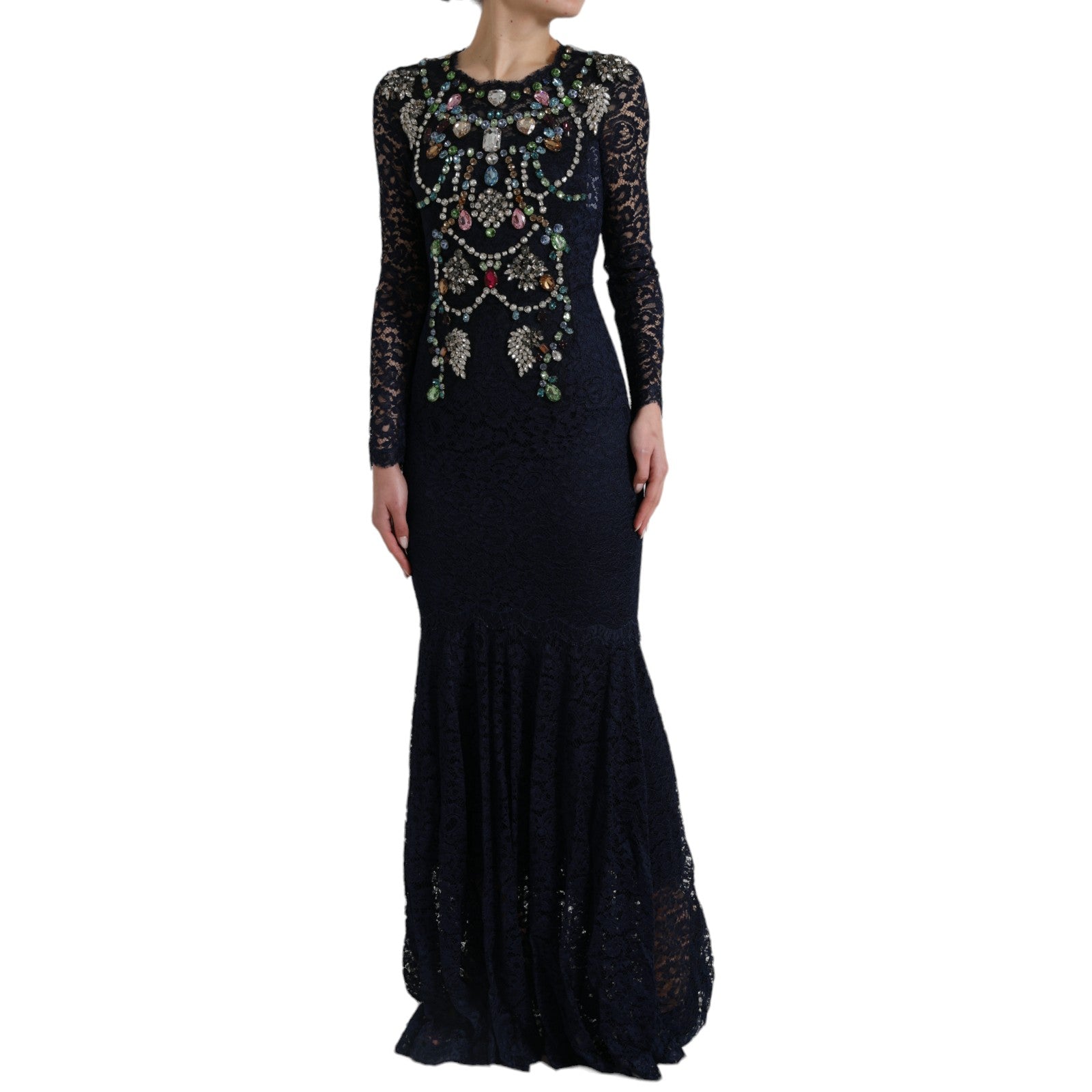 Dolce & Gabbana Blue Crystal Floral Lace Long Gown Dress - PreLoved & Luxe