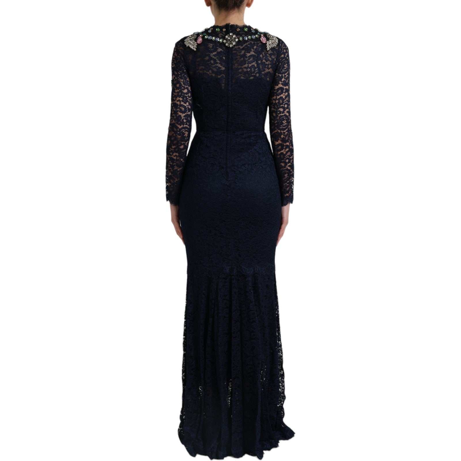 Dolce & Gabbana Blue Crystal Floral Lace Long Gown Dress - PreLoved & Luxe