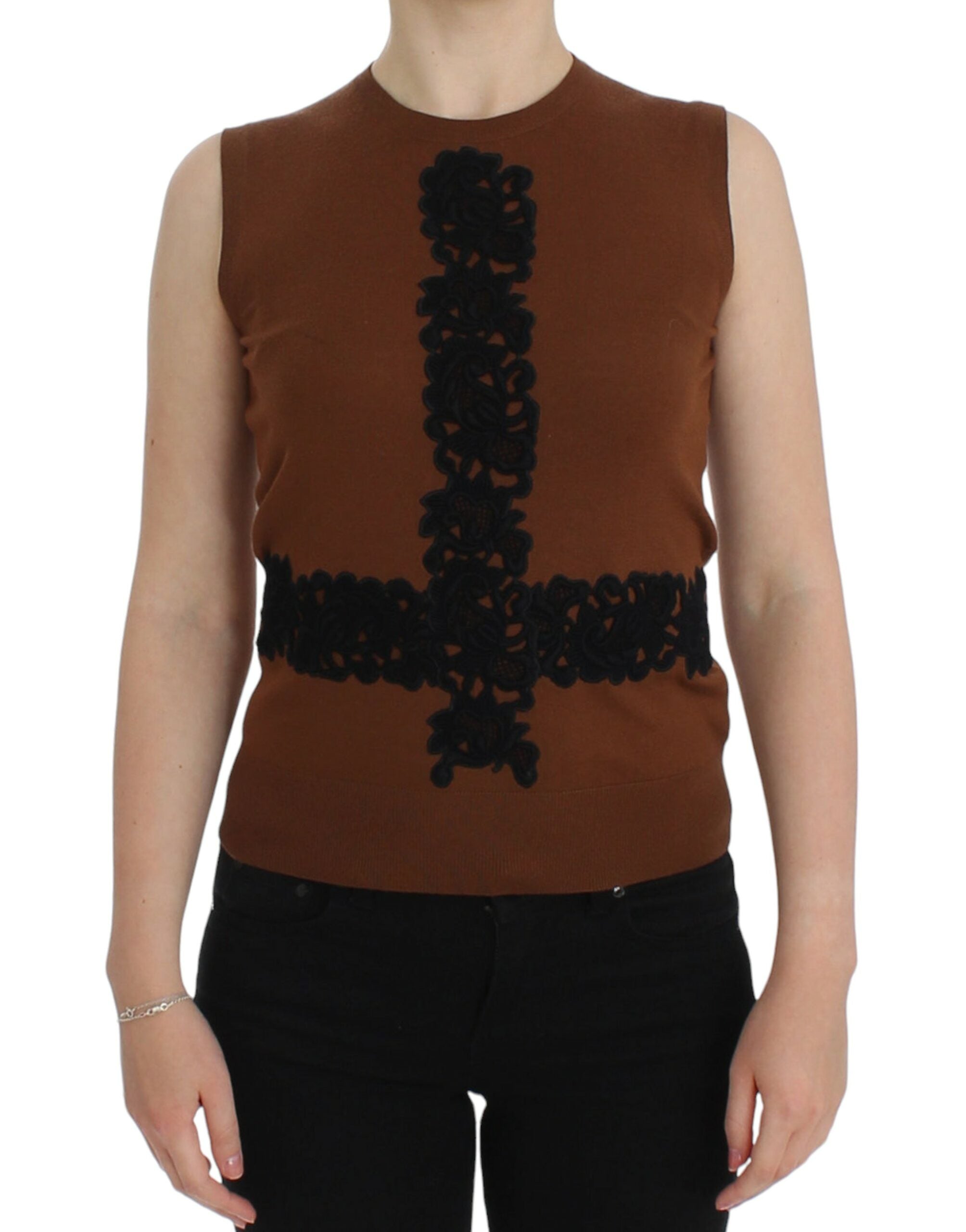 Dolce & Gabbana Brown Wool Black Lace Vest Sweater Top - PreLoved & Luxe