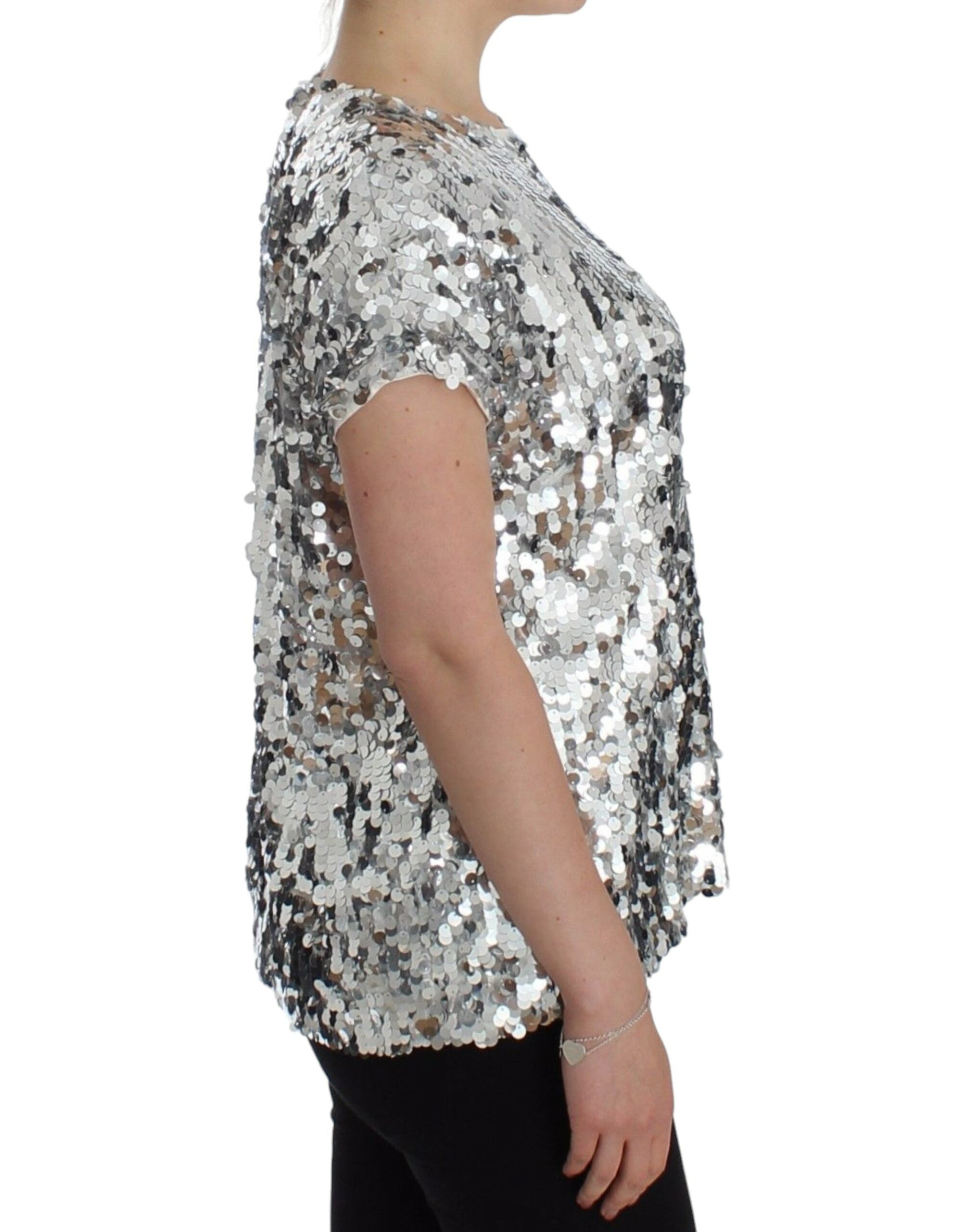 Dolce & Gabbana Silver Sequined Crewneck Blouse T-shirt Top - PreLoved & Luxe