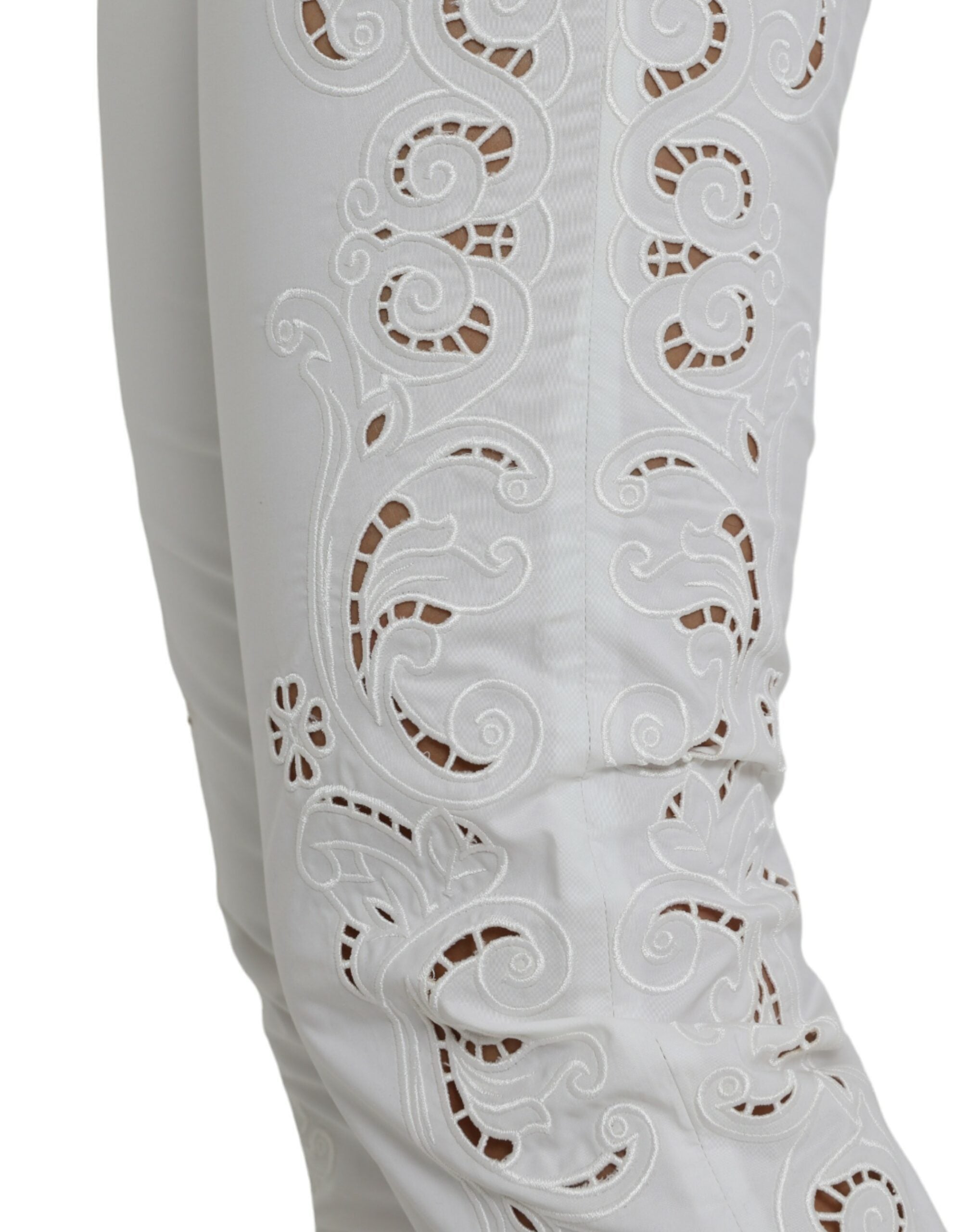 Dolce & Gabbana White Cut Out Cotton Mid Waist Cropped Pants