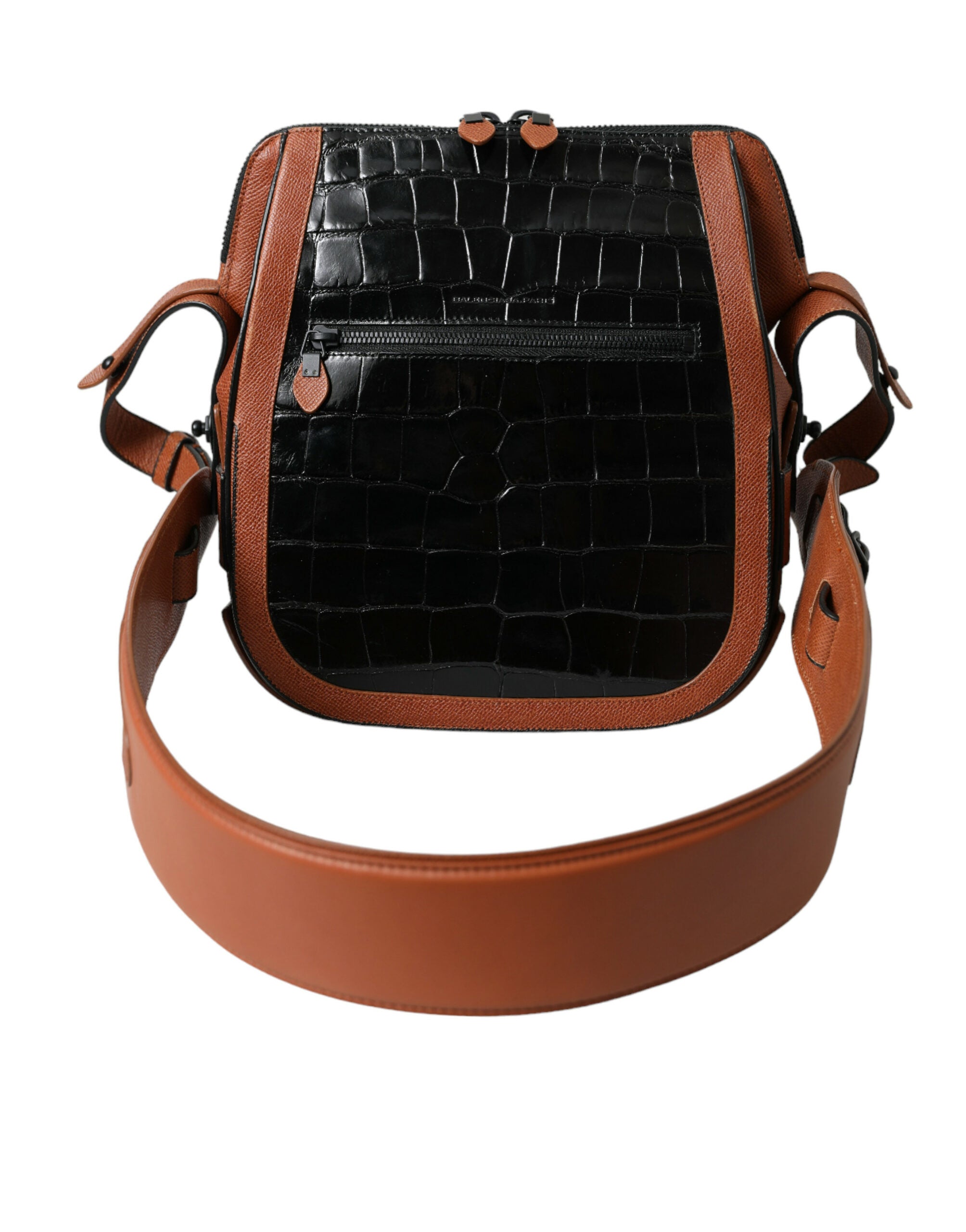 Balenciaga Black Brown Exotic Skin Leather Vertical Crossbody Purse Bag