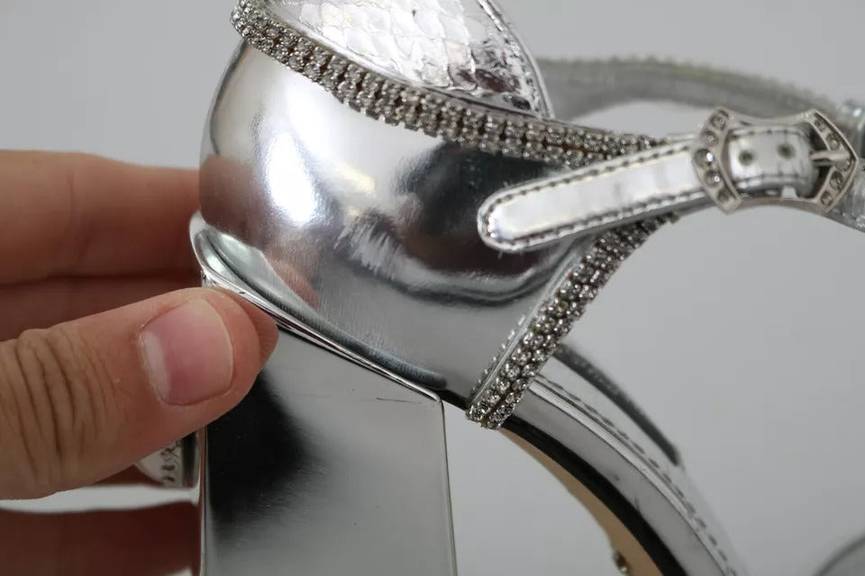 Dolce & Gabbana Silver Crystals T-strap Sandals Leather Shoes