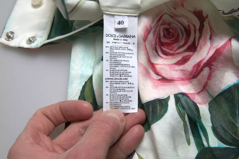 Dolce & Gabbana White Rose Print High Waist Midi A-line Skirt
