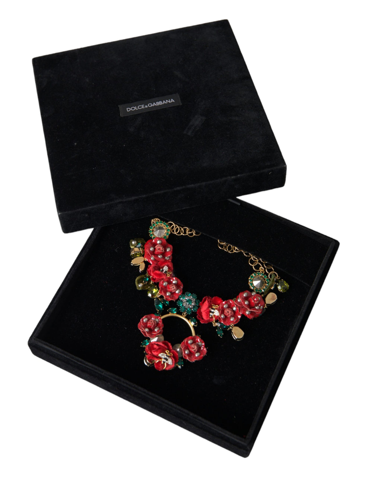 New Dolce & Gabbana Gold Link Chain RosePetal Crystal Pendant Necklace