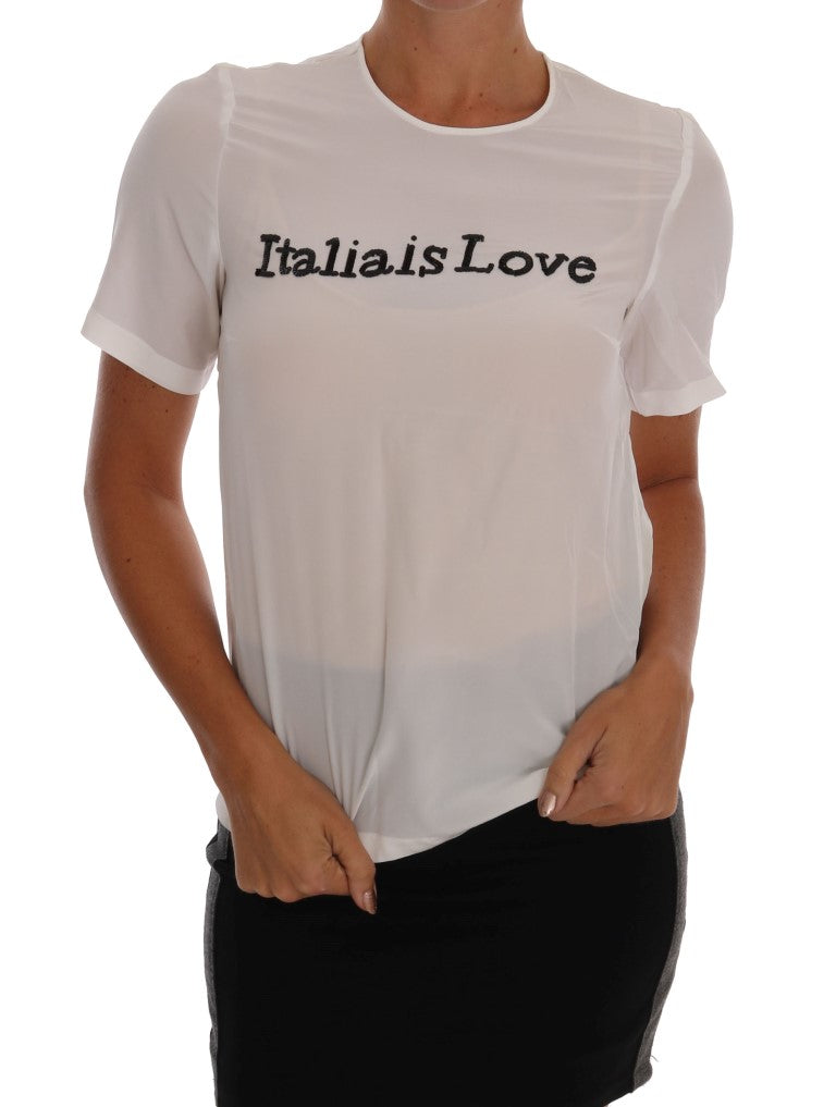 Dolce & Gabbana White Silk ITALIA IS LOVE Blouse T-shirt - PreLoved & Luxe