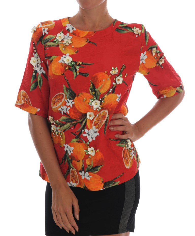 Dolce & Gabbana Orange Print Crystal-Embellished Blouse - PreLoved & Luxe