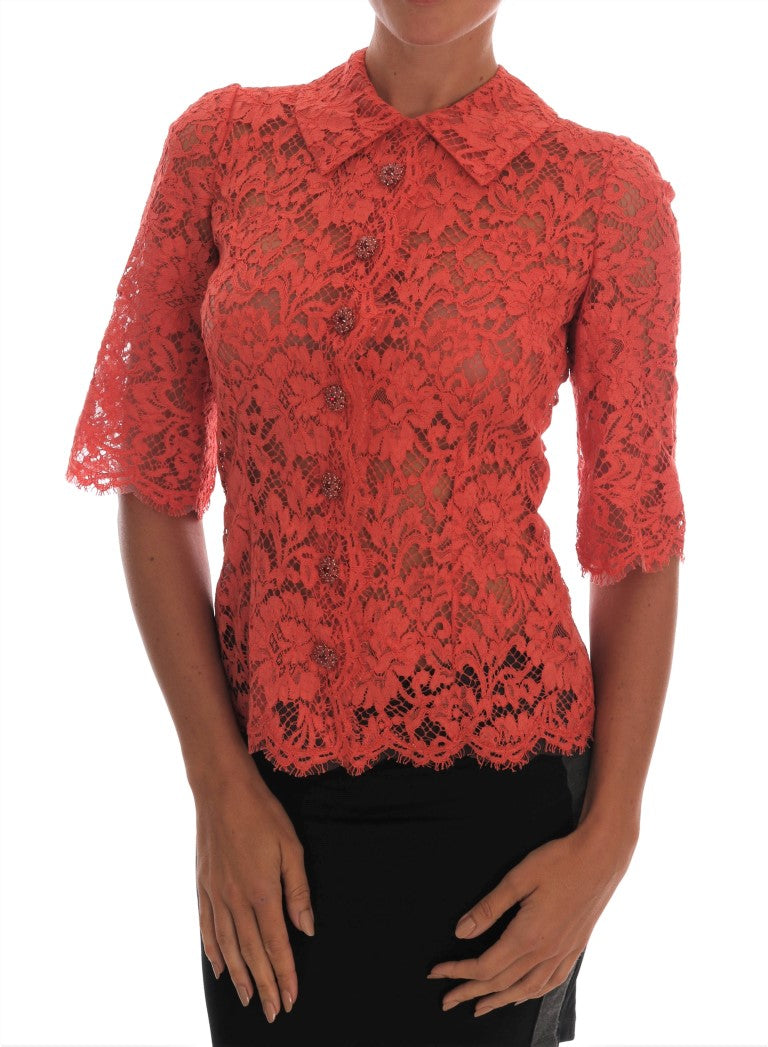 Dolce & Gabbana Orange Crystal Buttons Floral Lace Blouse - PreLoved & Luxe