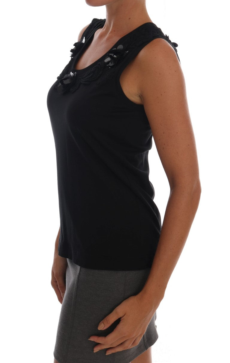 Dolce & Gabbana Black Cotton Floral Crystal Tank Top - PreLoved & Luxe