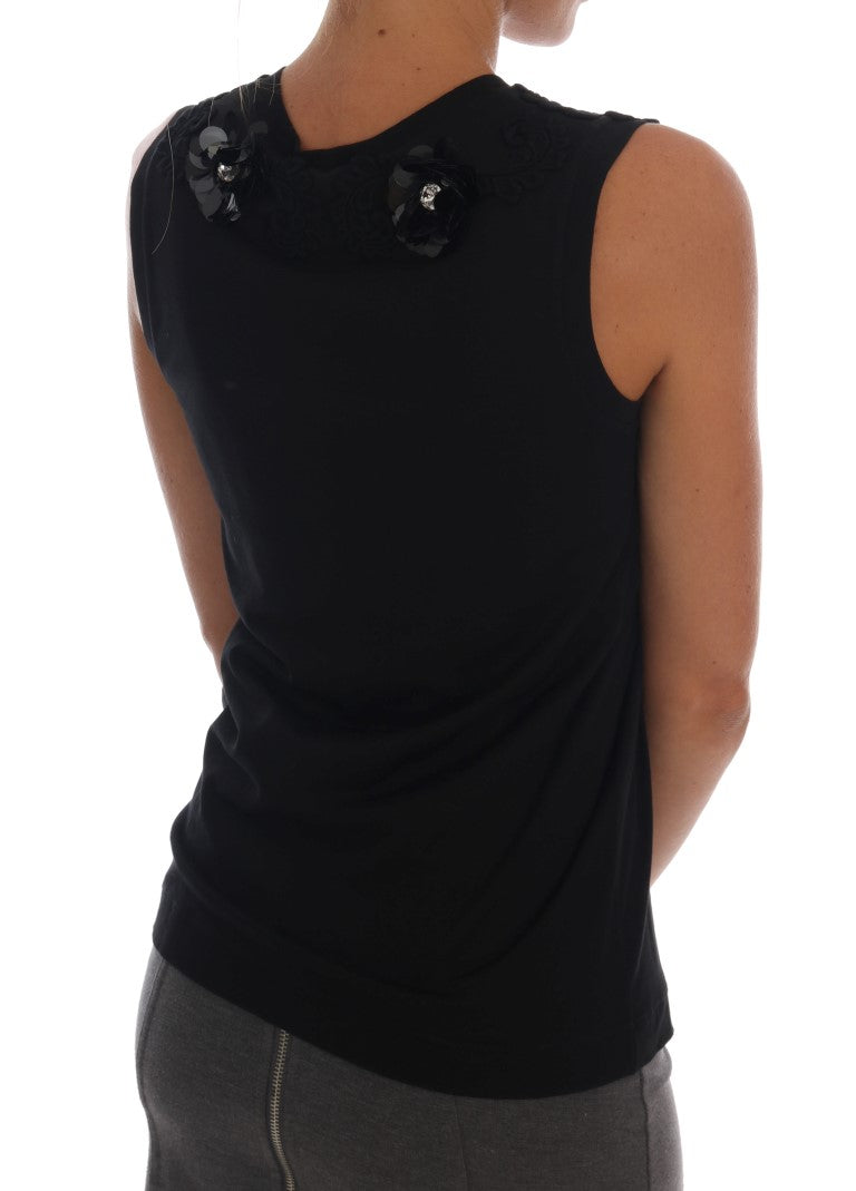 Dolce & Gabbana Black Cotton Floral Crystal Tank Top - PreLoved & Luxe