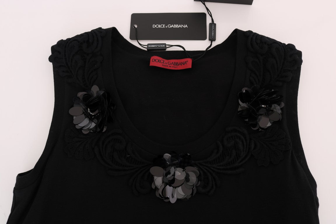 Dolce & Gabbana Black Cotton Floral Crystal Tank Top - PreLoved & Luxe