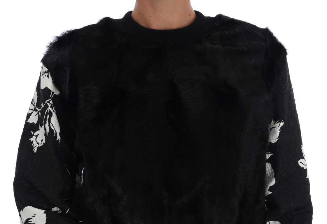 Dolce & Gabbana Black Fur Floral Brocade Zipper Sweater - PreLoved & Luxe