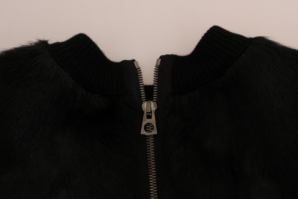 Dolce & Gabbana Black Fur Floral Brocade Zipper Sweater - PreLoved & Luxe