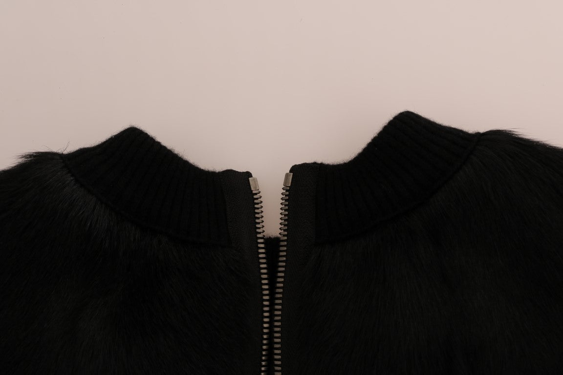 Dolce & Gabbana Black Fur Floral Brocade Zipper Sweater - PreLoved & Luxe