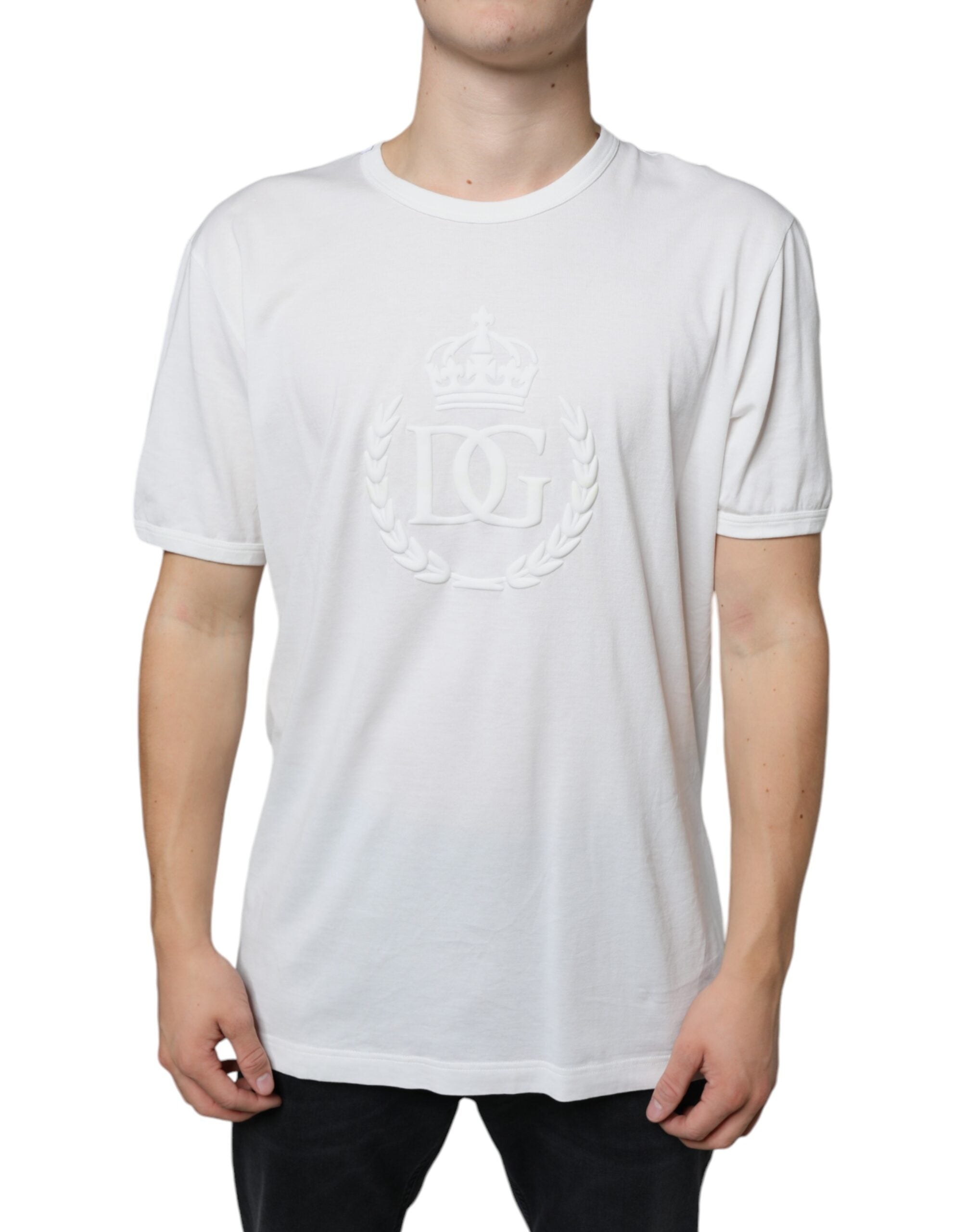 Dolce & Gabbana White Logo Emsed Cotton Crewneck T-shirt