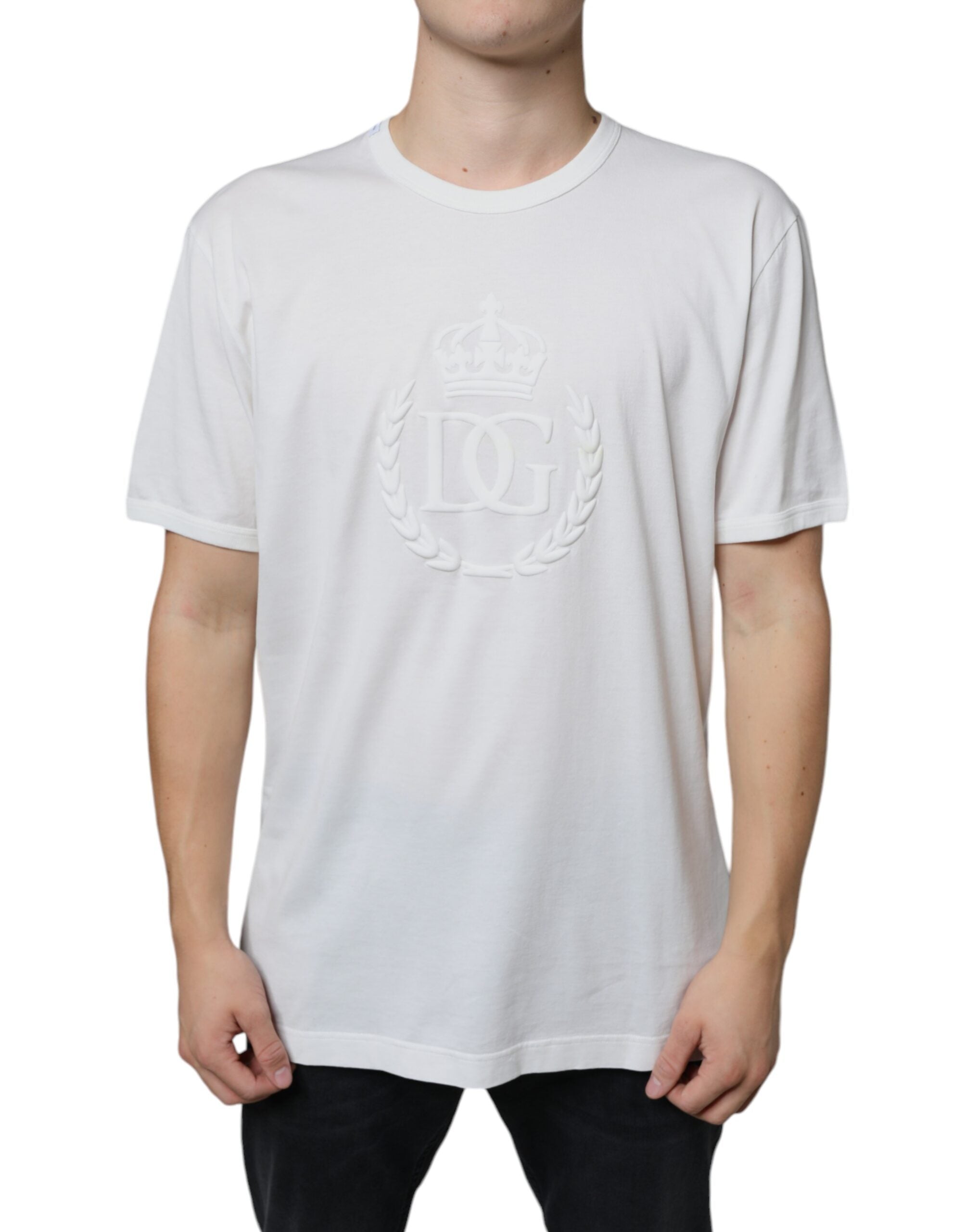 Dolce & Gabbana White Logo Emsed Cotton Crewneck T-shirt