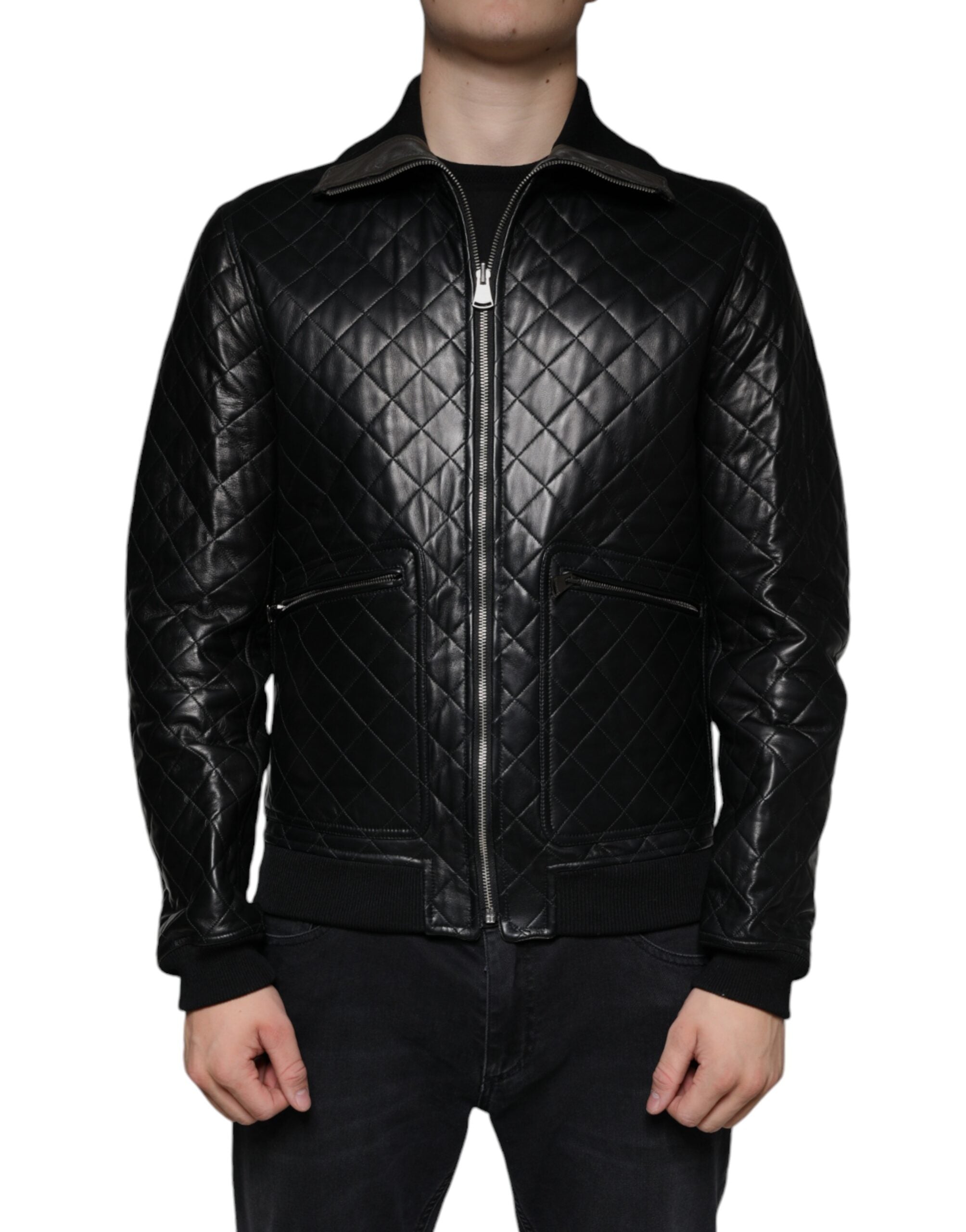Dolce & Gabbana Black  LeatherQuilted Full Zip Jacket