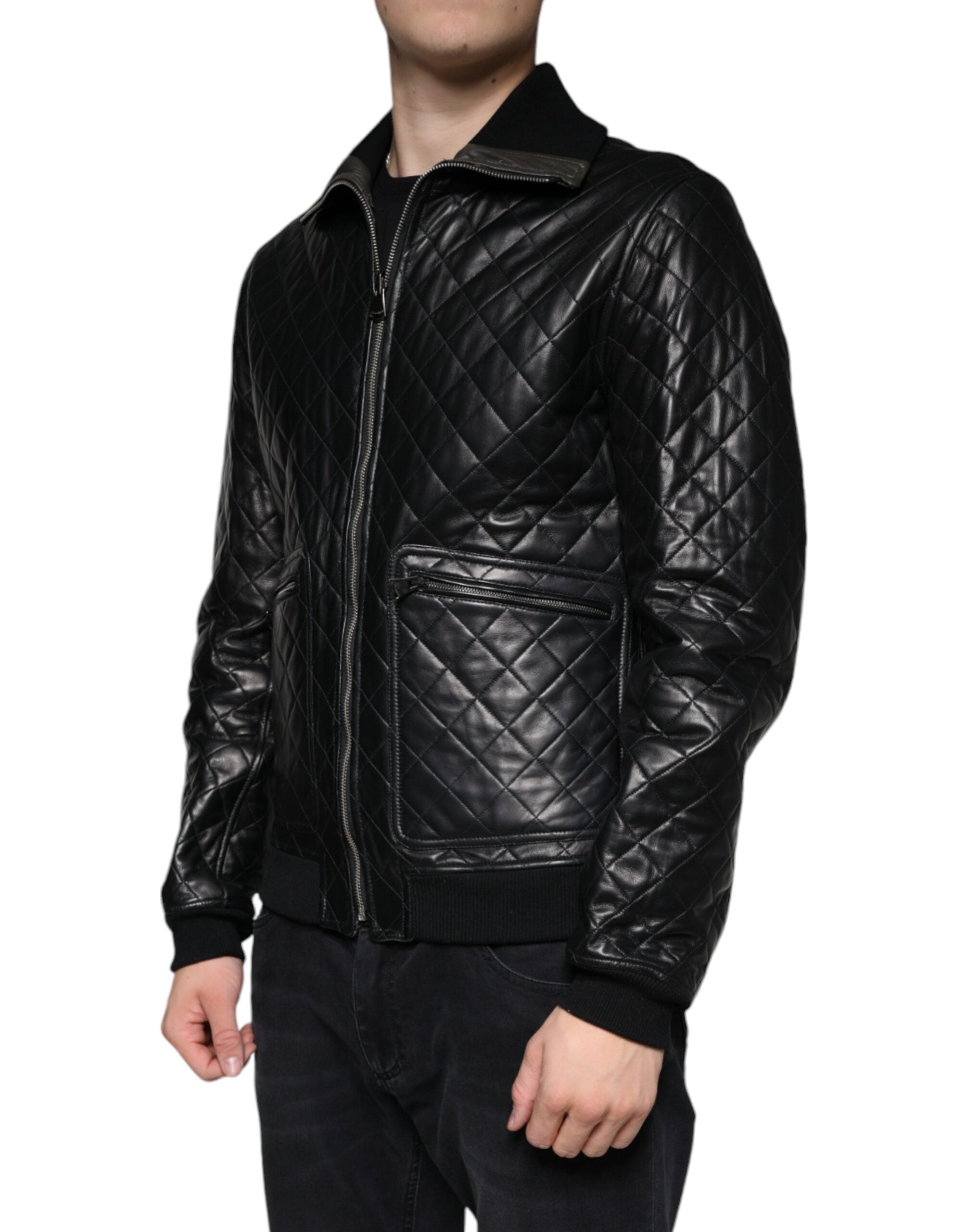 Dolce & Gabbana Black  LeatherQuilted Full Zip Jacket