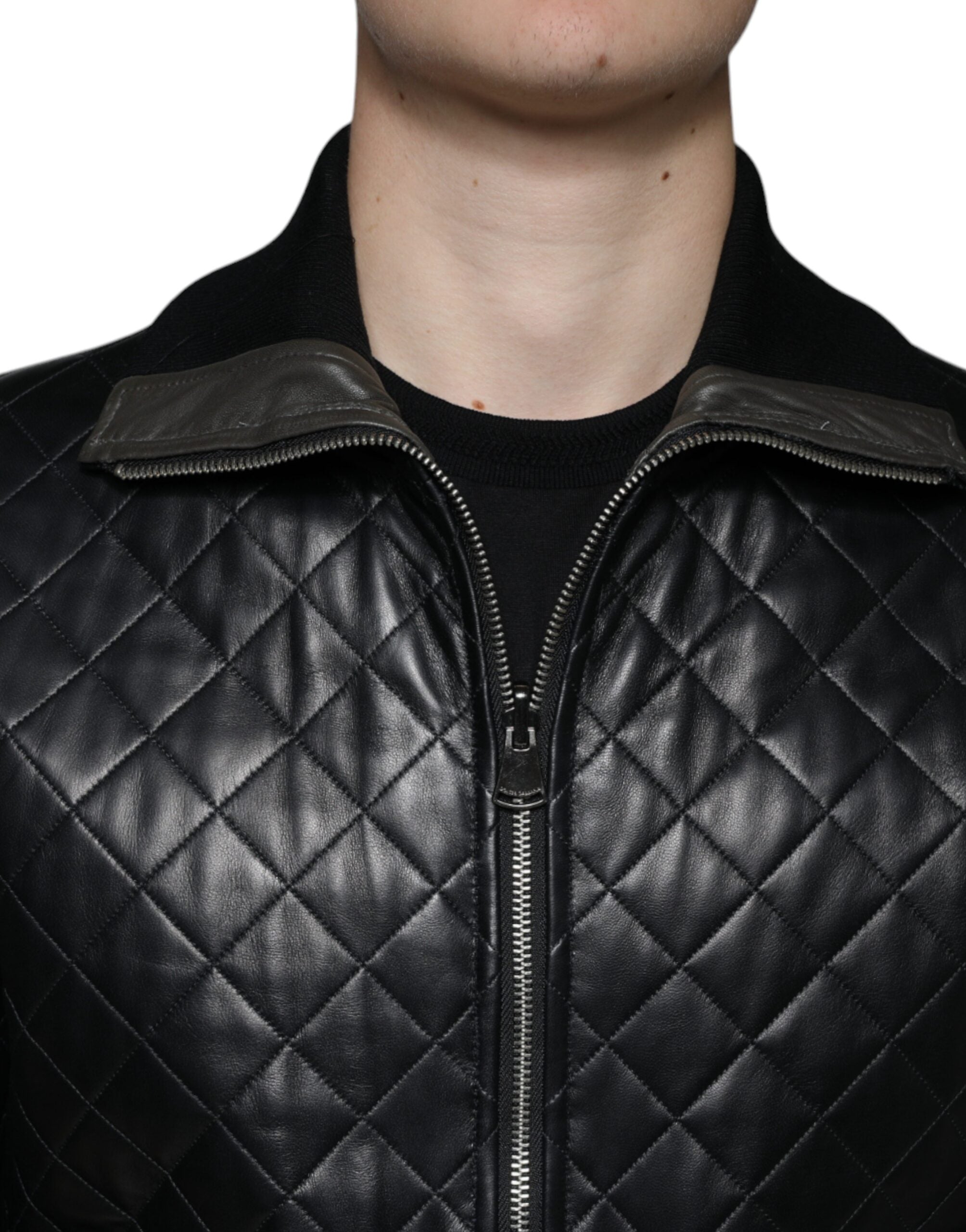 Dolce & Gabbana Black  LeatherQuilted Full Zip Jacket