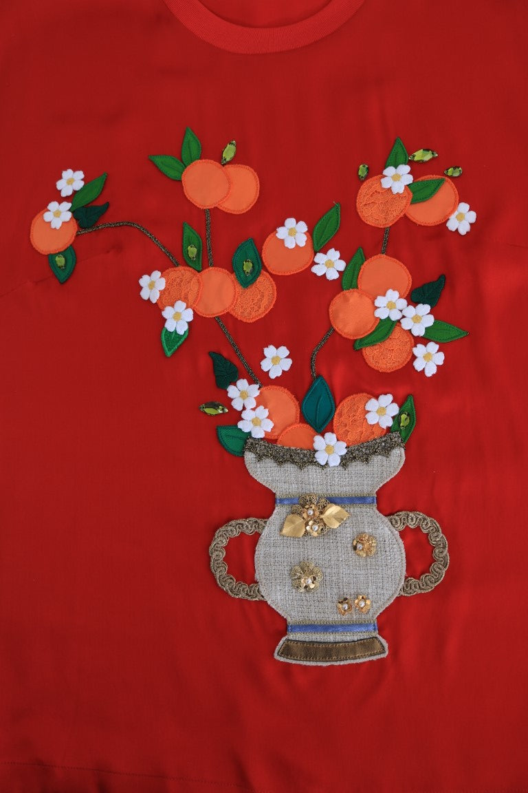 Dolce & Gabbana Red Silk Oranges Floral Crystal Blouse - PreLoved & Luxe