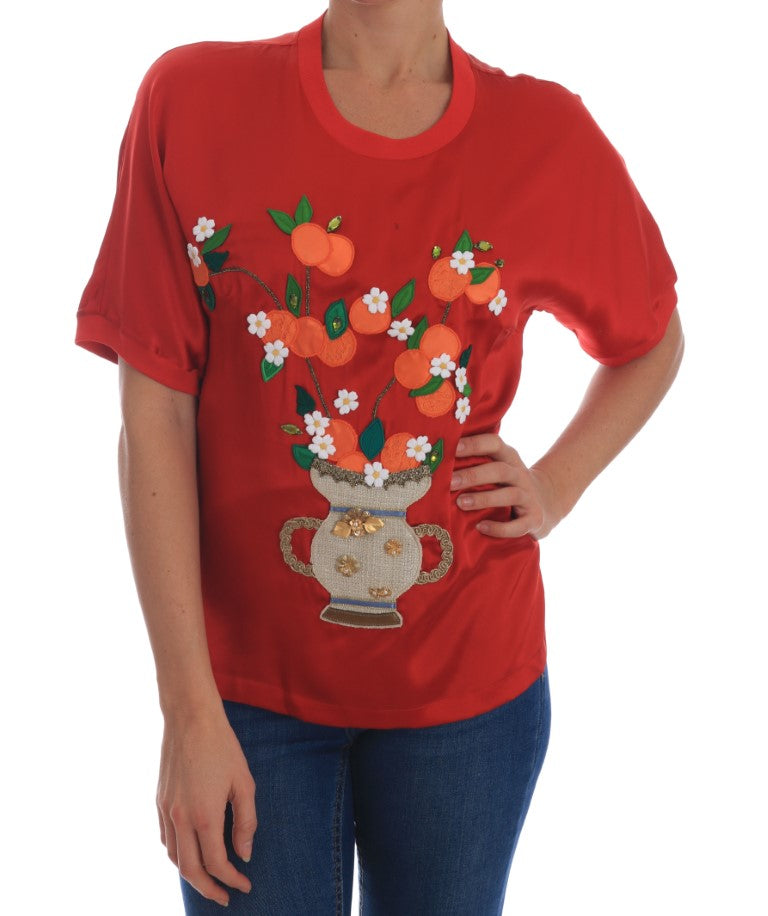 Dolce & Gabbana Red Silk Oranges Floral Crystal Blouse - PreLoved & Luxe