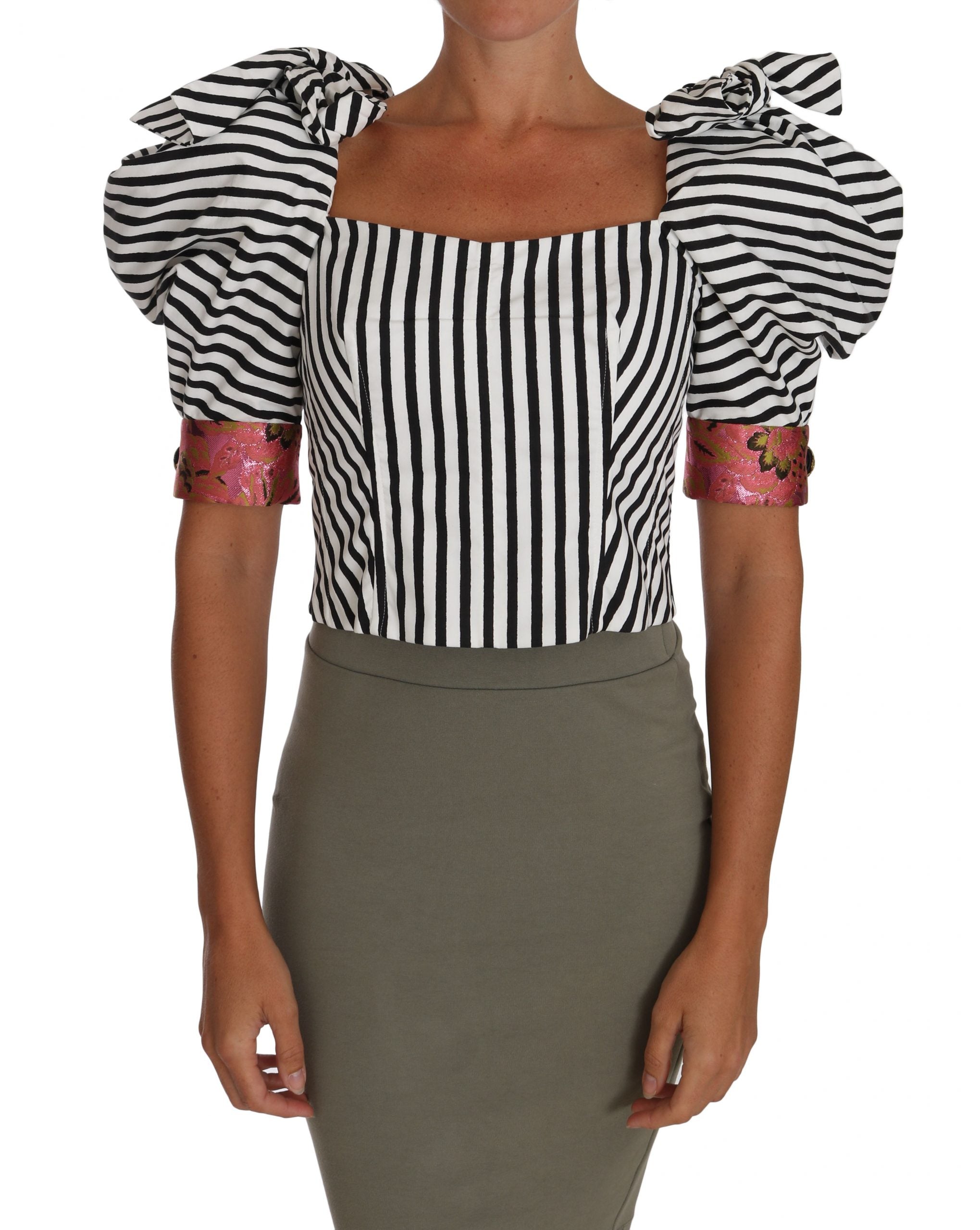 Dolce & Gabbana White Black Striped Cropped Top Puff Sleeve Shirts - PreLoved & Luxe