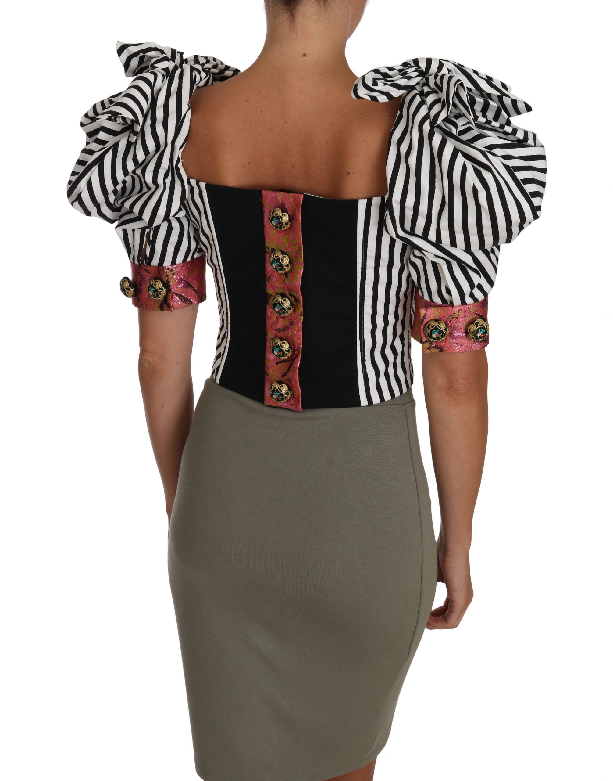Dolce & Gabbana White Black Striped Cropped Top Puff Sleeve Shirts - PreLoved & Luxe