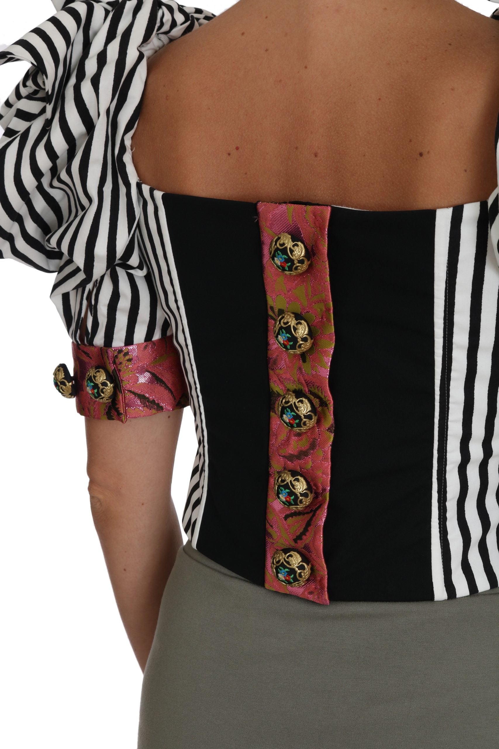 Dolce & Gabbana White Black Striped Cropped Top Puff Sleeve Shirts - PreLoved & Luxe
