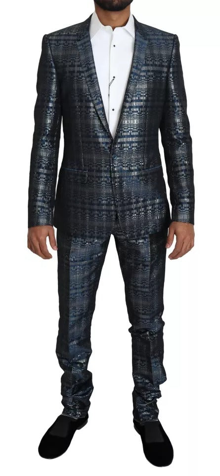 New Dolce & Gabbana Blue Silver Shiny 2 Piece Slim GOLD Suit