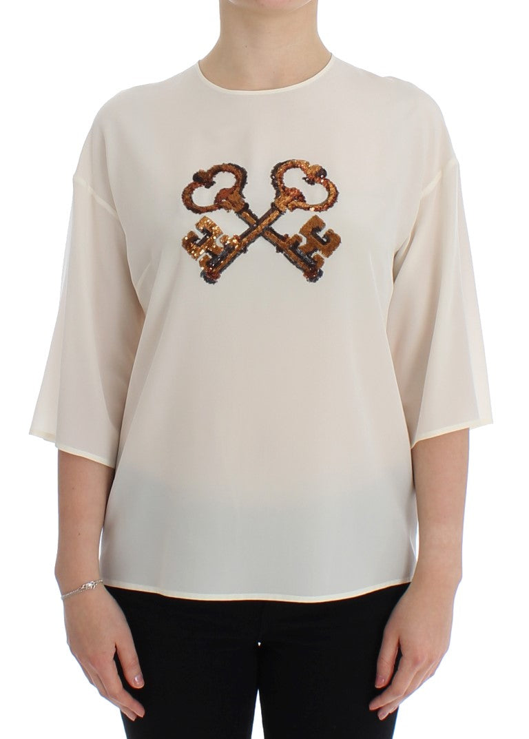 Dolce & Gabbana White Sequined Key Silk Blouse T-shirt Top - PreLoved & Luxe