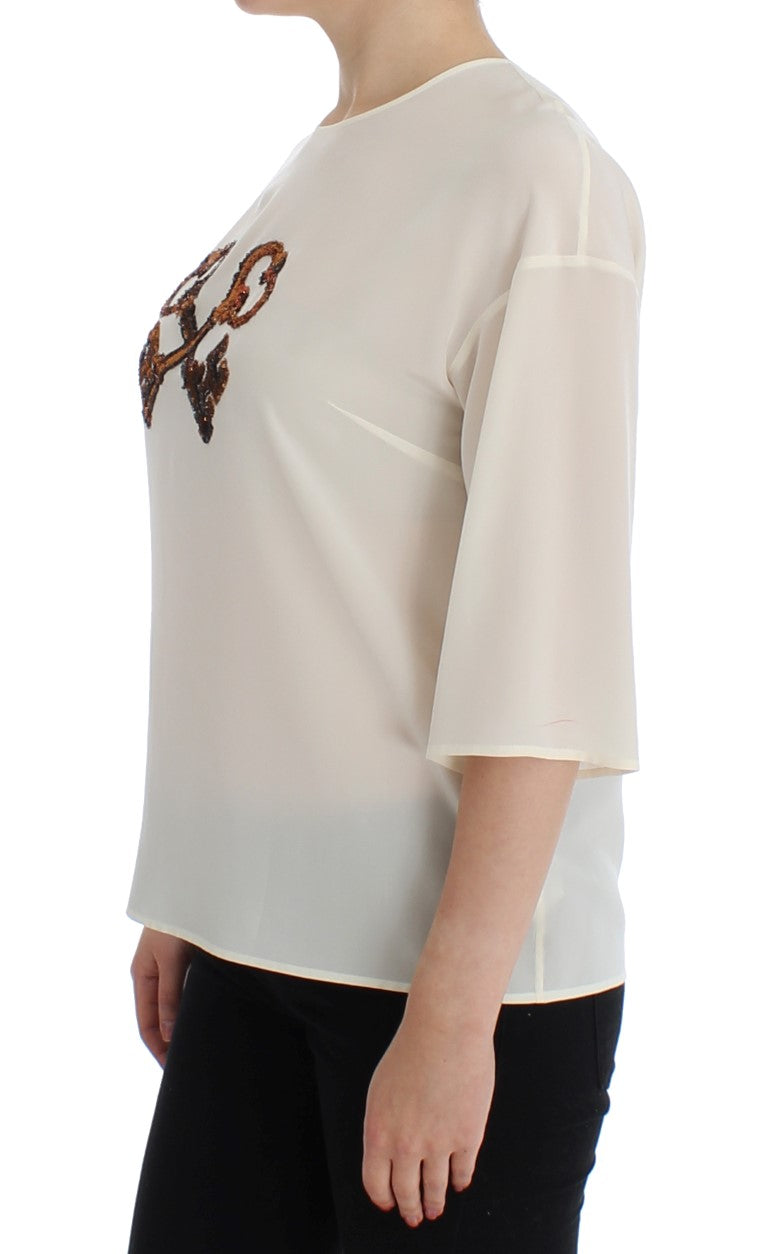 Dolce & Gabbana White Sequined Key Silk Blouse T-shirt Top - PreLoved & Luxe