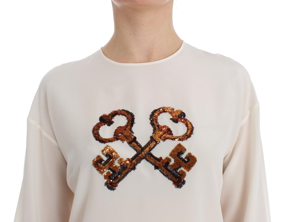 Dolce & Gabbana White Sequined Key Silk Blouse T-shirt Top - PreLoved & Luxe