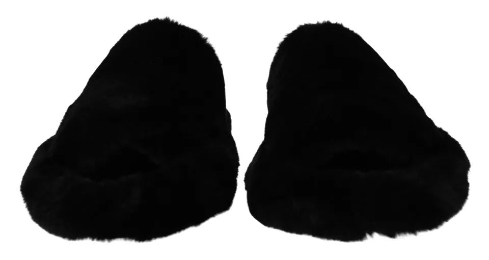 New Dolce & Gabbana Black Faux Fur Mens Flats Sandals Shoes