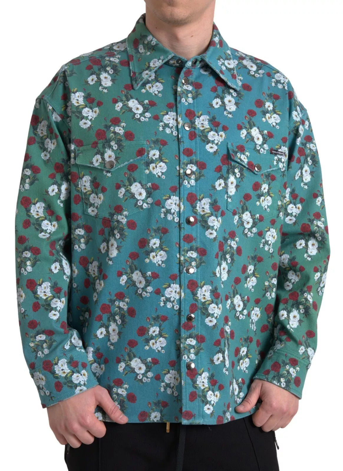 New Dolce & Gabbana Blue Floral Cotton Button Down Denim Shirt