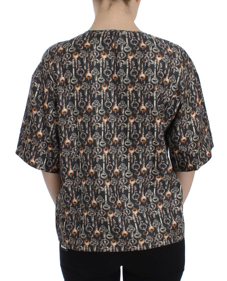 Dolce & Gabbana Gray Gold Key Print Silk Blouse T-shirt - PreLoved & Luxe