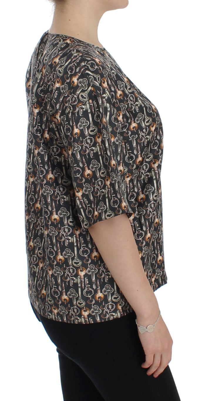 Dolce & Gabbana Gray Gold Key Print Silk Blouse T-shirt - PreLoved & Luxe