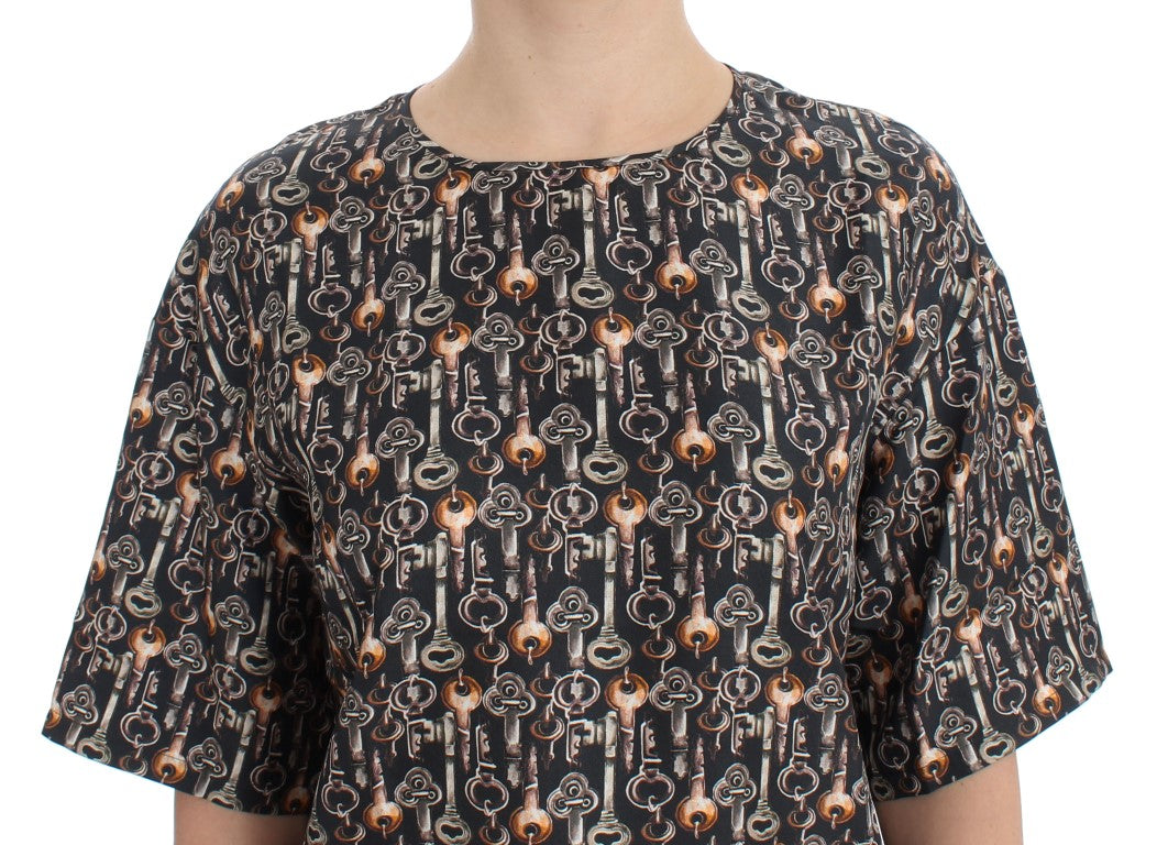 Dolce & Gabbana Gray Gold Key Print Silk Blouse T-shirt - PreLoved & Luxe