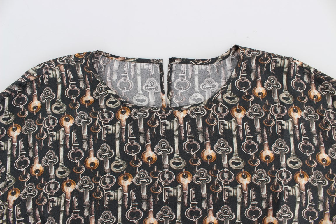 Dolce & Gabbana Gray Gold Key Print Silk Blouse T-shirt - PreLoved & Luxe